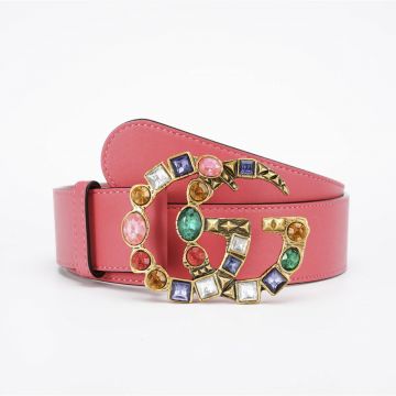 Summer Fashion Gucci Multicolour Crystals Antique Brass Double G Buckle Women Watermelon Red Smooth Leather 4CM Marmont Belt
