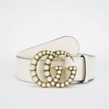 Spring Popular Gucci Luxury Brass Double G White Pearl Buckle White Smooth Leather  Belt For Ladies 4CM