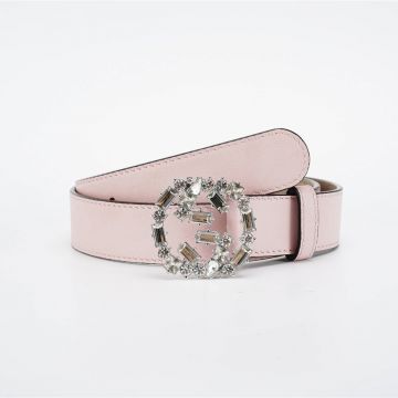 Summer Popular Gucci Sweet Pink Calfskin Leather Waist Strap Female Interlocking G Crystal Buckle  Belt 3CM