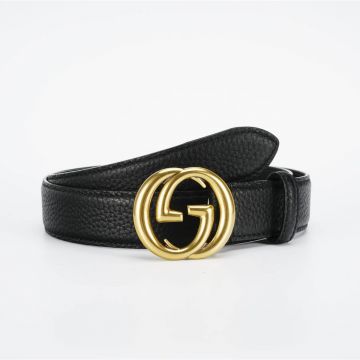 Celebrity Same Gucci Shiny Brass Double Intrelocking G Buckle Unisex Black Grainy Leather 3CM Belt For Sale 