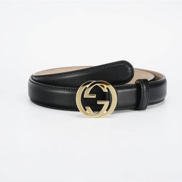 Hot Selling Gucci Unisex Classic Black Calfskin Leather 2.5CM Strap Shiny Yellow Gold Interlocking G Buckle Belt Price List