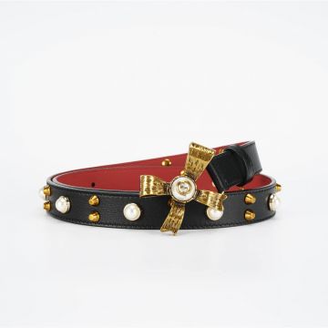 Spring Fashion Gucci Antique Brass Motif Studs White Pearl & Bowknot Buckle 2.5CM Black Leather Belt For Ladies