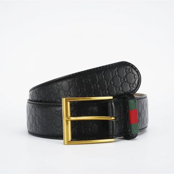 Best Gucci Brass Square Buckle Red/Green Web Loop Men Black Signature GG Embossed Business Belt Replica Online