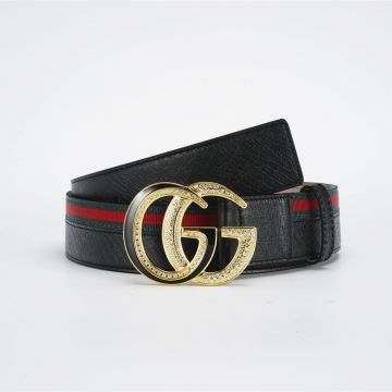 2022 New Gucci Yellow Gold Double G Diamonds Pin Buckle Red/Green Web & Black Leather 3.7CM Marmont Belt For Men