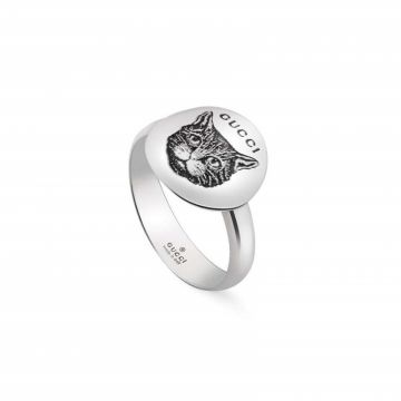 Low Price Gucci Blind For Love Mystic Cat Pattern Logo Motif Round Aged Sterling Silver Ring For Ladies Replica