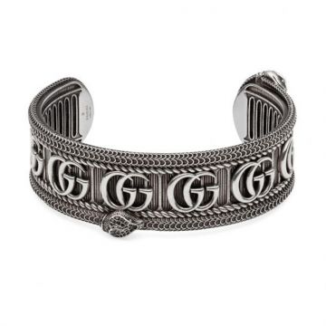 2021 Latest Gucci Double G Snake Shaped Design Three-dimensional Striped Trimming Men Aged 925 Sterling Silver Cuff Bracelet  