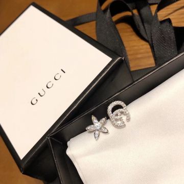 2021 Hot Selling Gucci 925 Sterling Silver Double G Floral Female Paved Diamonds Asymmetry Stud Earrings Replica