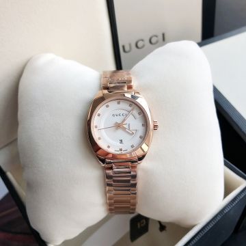 High End Rose Gold Plated GG2570 29mm G Design White Dial Diamonds Markers -  Gucci Quartz Chronomat For Ladies