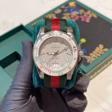  Gucci White Bezel & Mesh Motif Face Multi Icon Markers Red- Green Nylon Strap Unisex 40MM Steel Case Dive Watch 