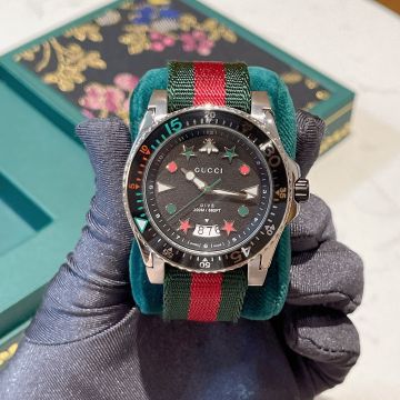 Replica 2022 Gucci Dive 40MM Steel Case Black Dial & Elapsed Time Bezel Multi Icon Scales High End Unisex Web Satrap Watch
