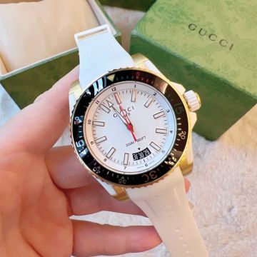 High Quality Luminous Scales Dive Bezel Stick Markers Gold Case - Gucci White Rubber Strap Unisex Diving Timepieces