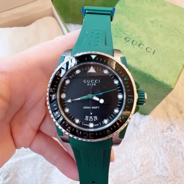 Best Quality Dive PVD Bezel Black Dial Green Rubber Strap Stainless Steel Case - Men's Gucci  Quartz Luminous Watch USA