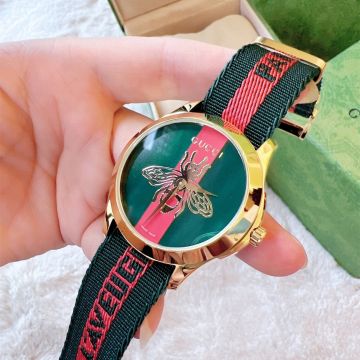 2022 Spring G -Timeless Bee Pattern Stripe Dial 38MM Yellow Gold Case Green-Red Web Canvas Strap -  Gucci Quartz Timing Tool 