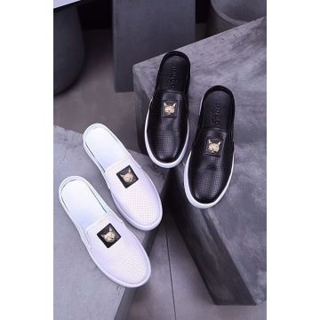 Vintage Style Gucci Yellow Gold Feline Head Trimming Mens Leather Perforated Slippers Black/White