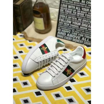 Spring/Fall Unisex Gucci Web & Gold Thread-embroidered Bee Design White Calfskin Leather Low-top Sneaker 429446 A38G0 9064