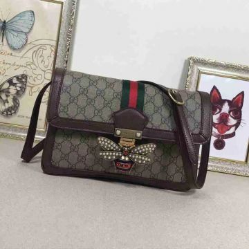 High Quality Gucci Queen Margaret Popular Blue & Red Web Charmming Brown Leather Detail Ladies Canvas Bags Medium 