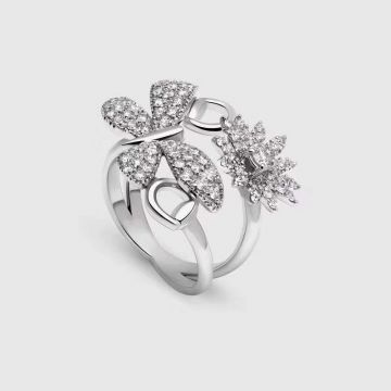Fashion Luxurious Good Designer  Gucci Silver Butterfly And Flower Diamonds Openings Ring Outlet Sale 