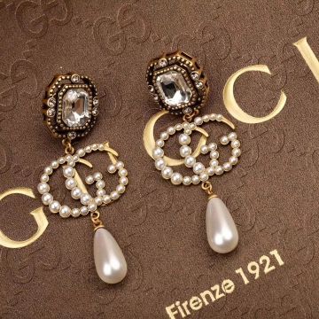 Fake Gucci Ladies Diamond Detail Full Paved Pearl Double G Design Drop Shaped Pendant Retro Earrings 2022 New