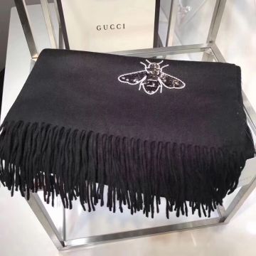 High-end Quality Gucci Soft Black Cashmere Scarf With Classic Bee Logo White Pearls Embellished & Black Sequins For Couples