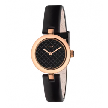 2022 High End Women'S Diamantissima Diamante Pattern Dial 27MM Rose Gold Case Black Leather Strap ‎404233 I86E0 8646 - New Gucci Watch