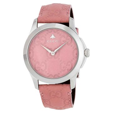 High Quality Women's G-Timeless Embossed GG Logo 38MM Silver Case Bee Detail - Luxury Gucci Replica Pink Leather Watch