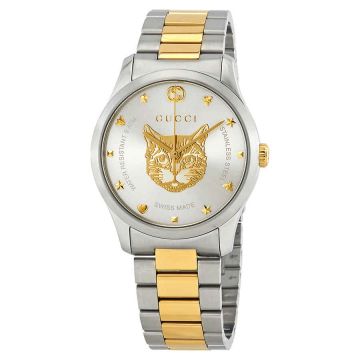 Top Sale Yellow Gold Cat Pattern Silver Dial Two-tone Steel Bracelet G-Timeless 38MM - Fake Gucci Ladies Quartz Watch