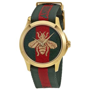 High Quality Embroidered Bee Pattern Green-Red Web Strap Dial Gold Case G-Timeless YA126487A - Replica Gucci 38MM Quartz Unisex Chronomat