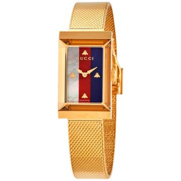 Hot Selling G-Frame Sylvie Web MOP Dial Mesh Bracelet PVD 21x34mm Case - Replica Gucci Yellow Gold Quartz Watch Online YA147410